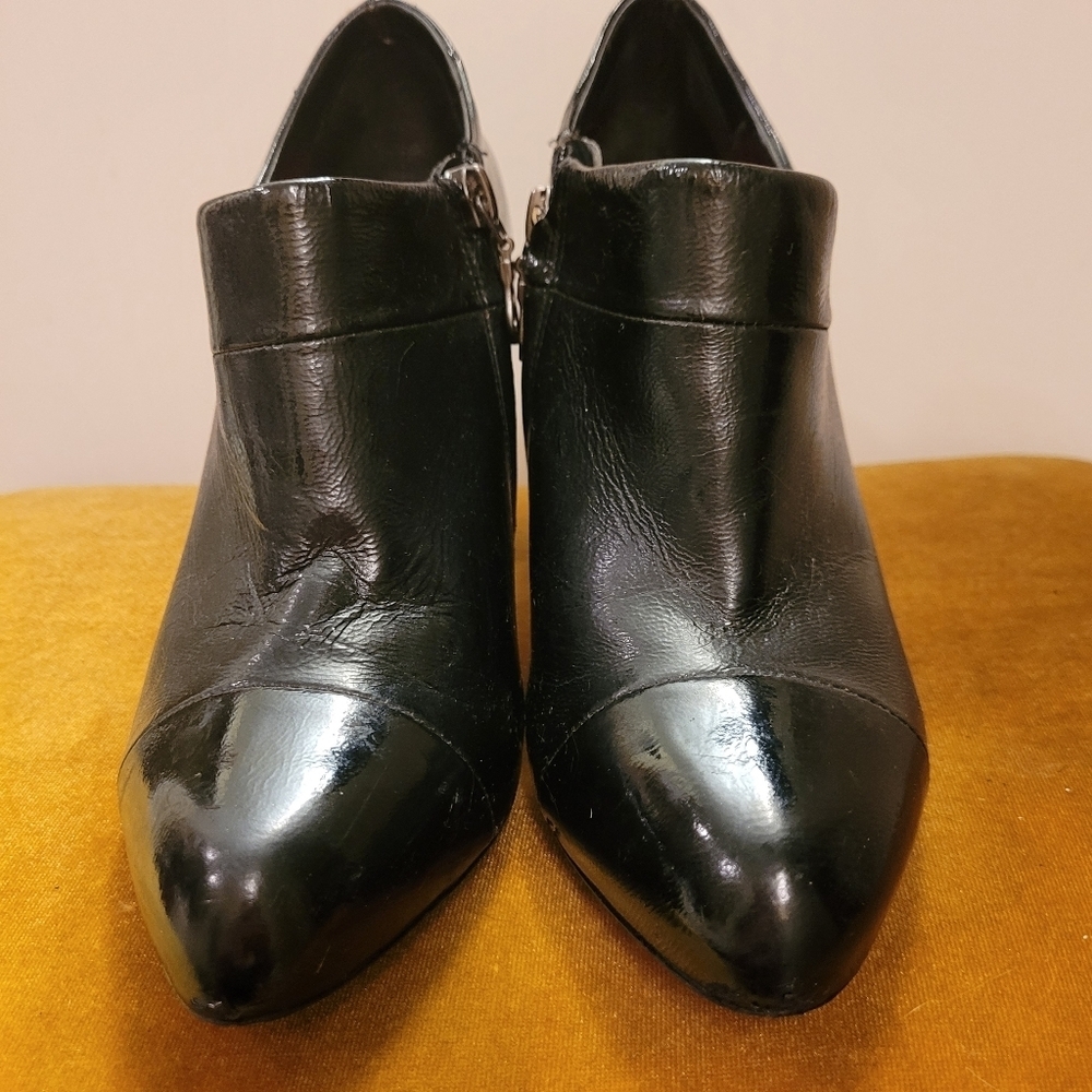 WHBM Chic Black Patent Leather Side Zip Slant Heel Ankle Bootie - Picture 3 of 16